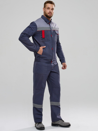 Костюм Флофт-1 СОП (тк.Саржа,250) брюки, т.серый/св.серый/красный