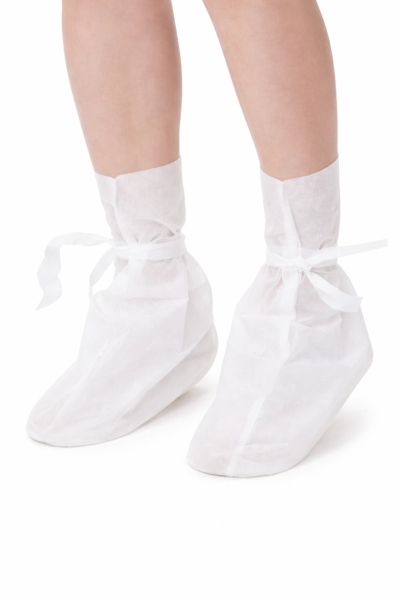 Бахилы высокие из спанбонда на завязках 40 гр/м2 белый/голубой (25 пар)