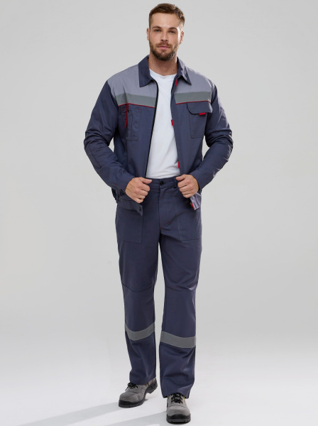 Костюм Флофт-1 СОП (тк.Саржа,250) брюки, т.серый/св.серый/красный